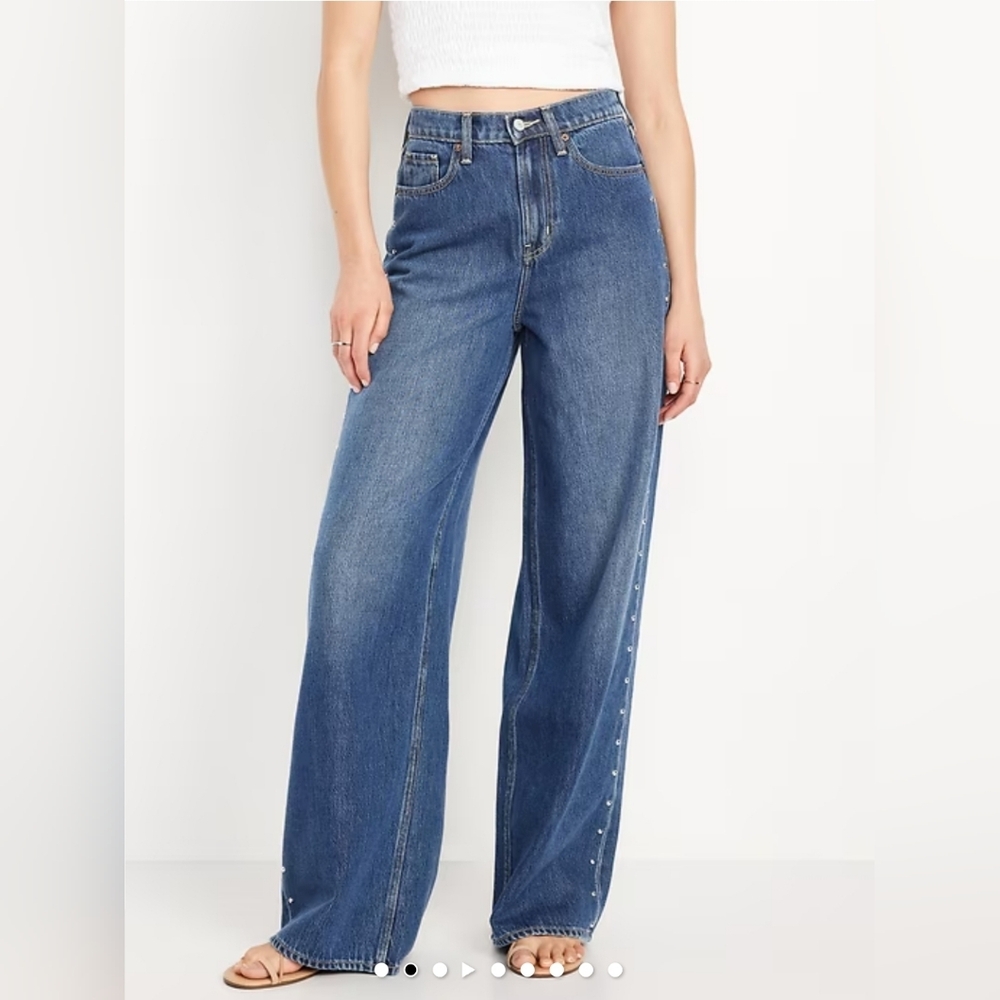 NWT High-Waisted Baggy Wide-Leg Studded Jeans Size 8 In Medium Wash By Old Navy